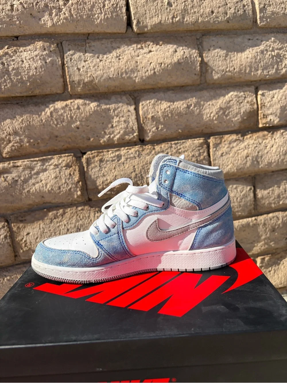 Nike Kids White and Light Blue High-Top Air Jordans